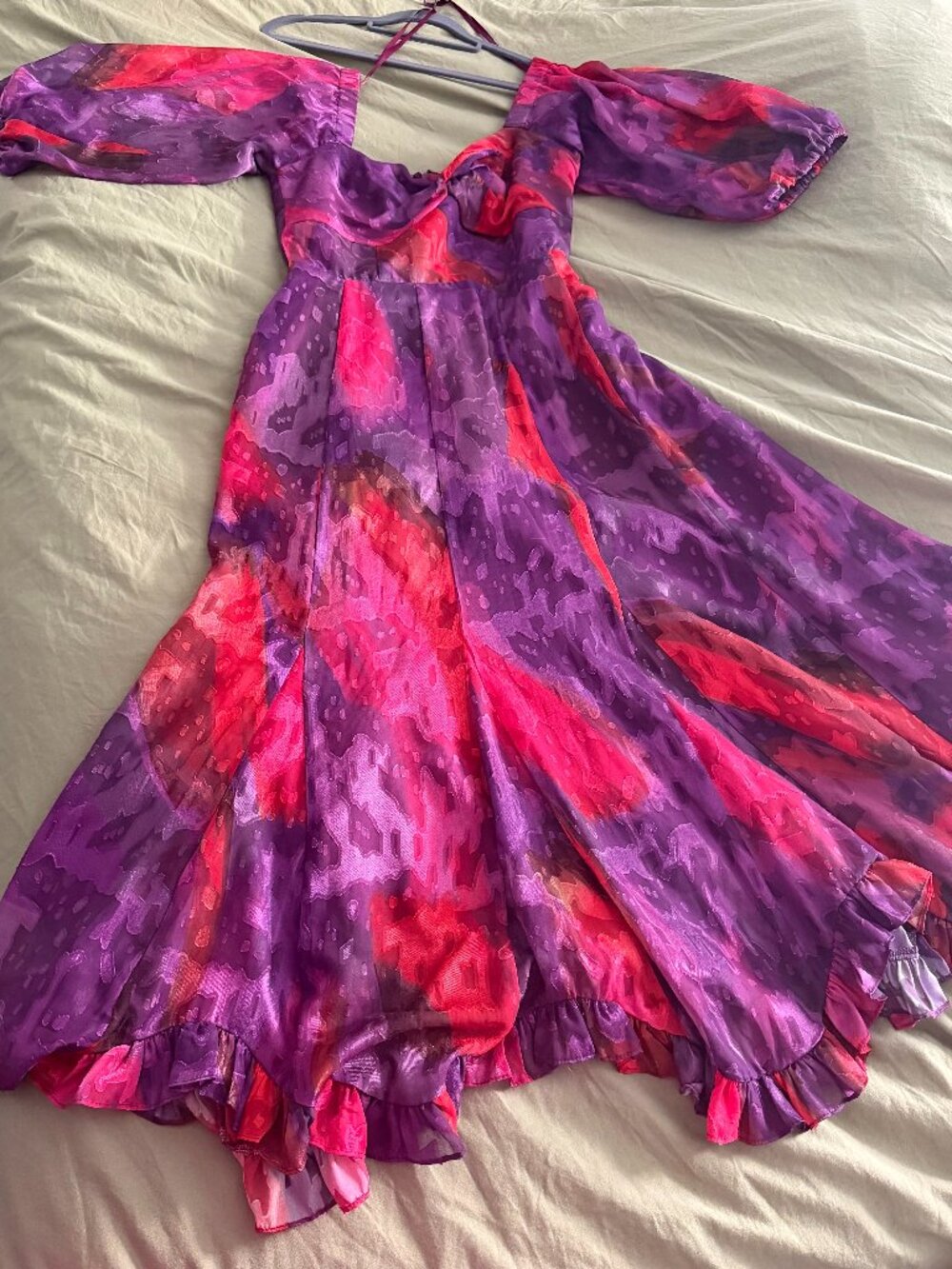 Anthropologie Balloon Sleeve Purple Red and Pink Midi Dress Size Medium